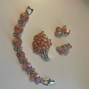Vintage Pink Brooch, Clip Earrings, and Bracelet